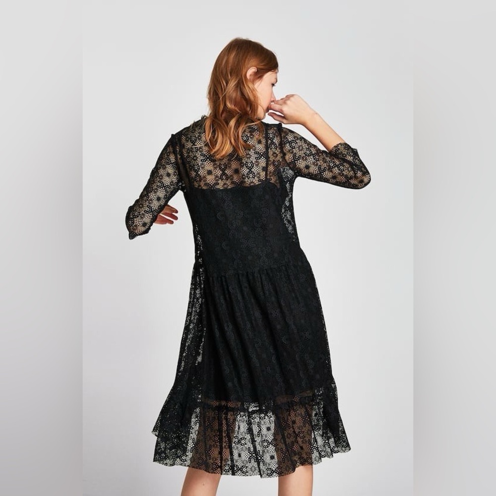 Zara Black 3/4 Sleeve V-Neck Lace Dress - Picture 14 of 16